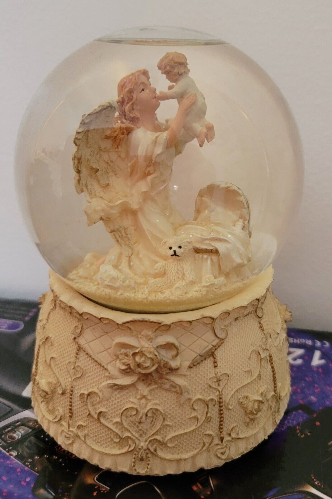 Vintage Snow Globe Angel Holding Child Music Box Works Good Plays Pretty Song