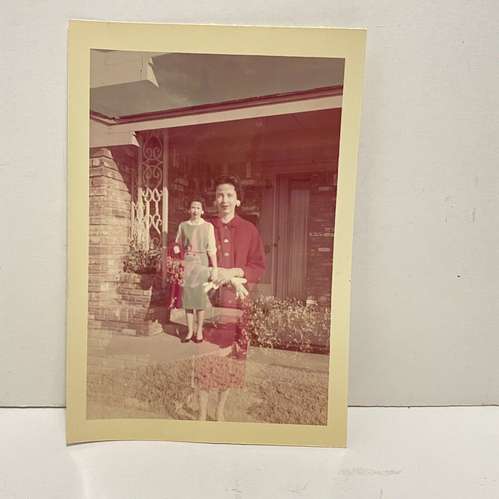 Double Exposure 1950s Vintage Photograph Woman Dressed Up Outside On Porch