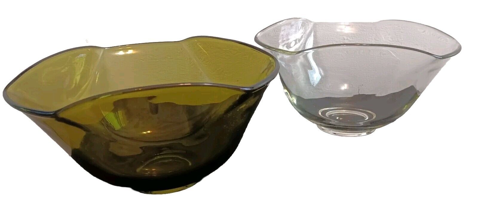 Vintage Avacado Green & Clear Glass Bowl Set Mid Century Mod Folded Edges