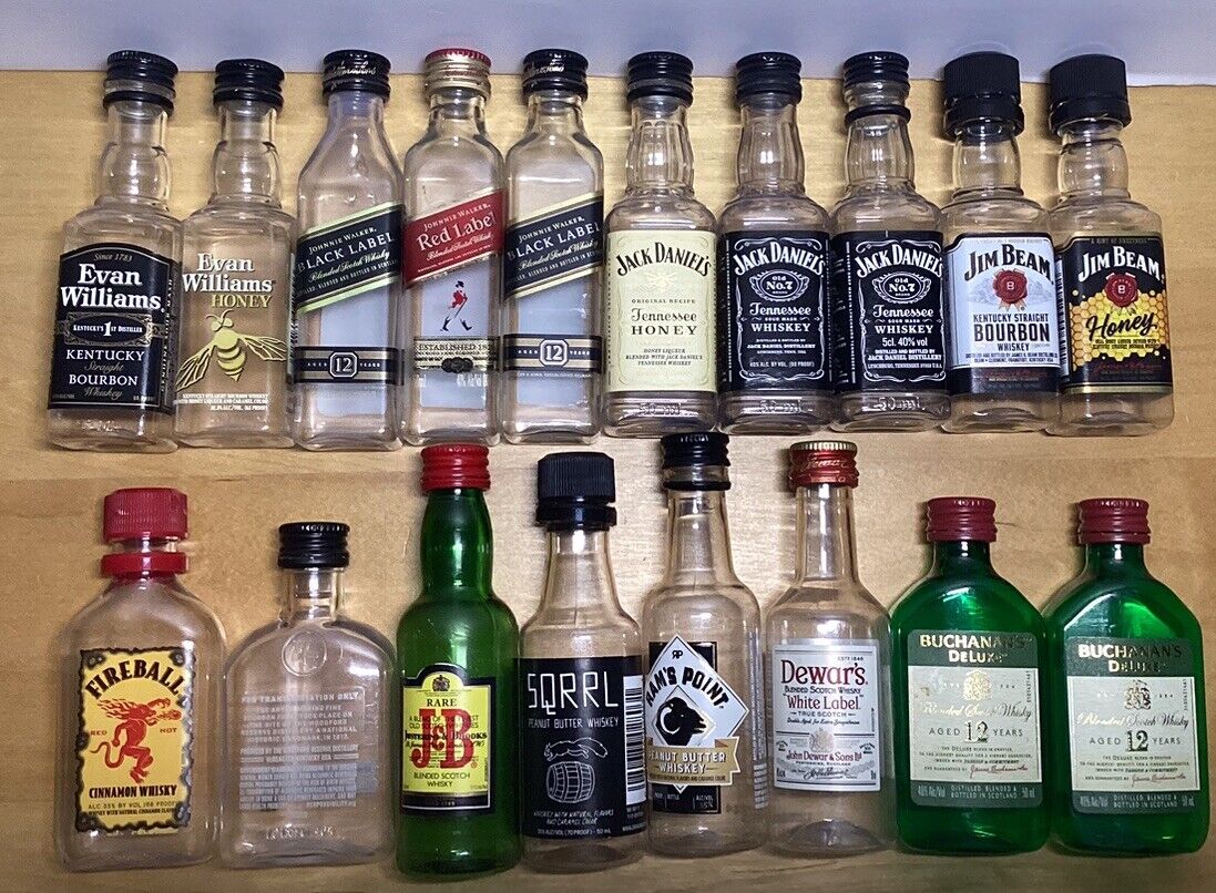 Lot of 18 Mini Whiskey Bottles Collection 50ml Empty Plastic bottles