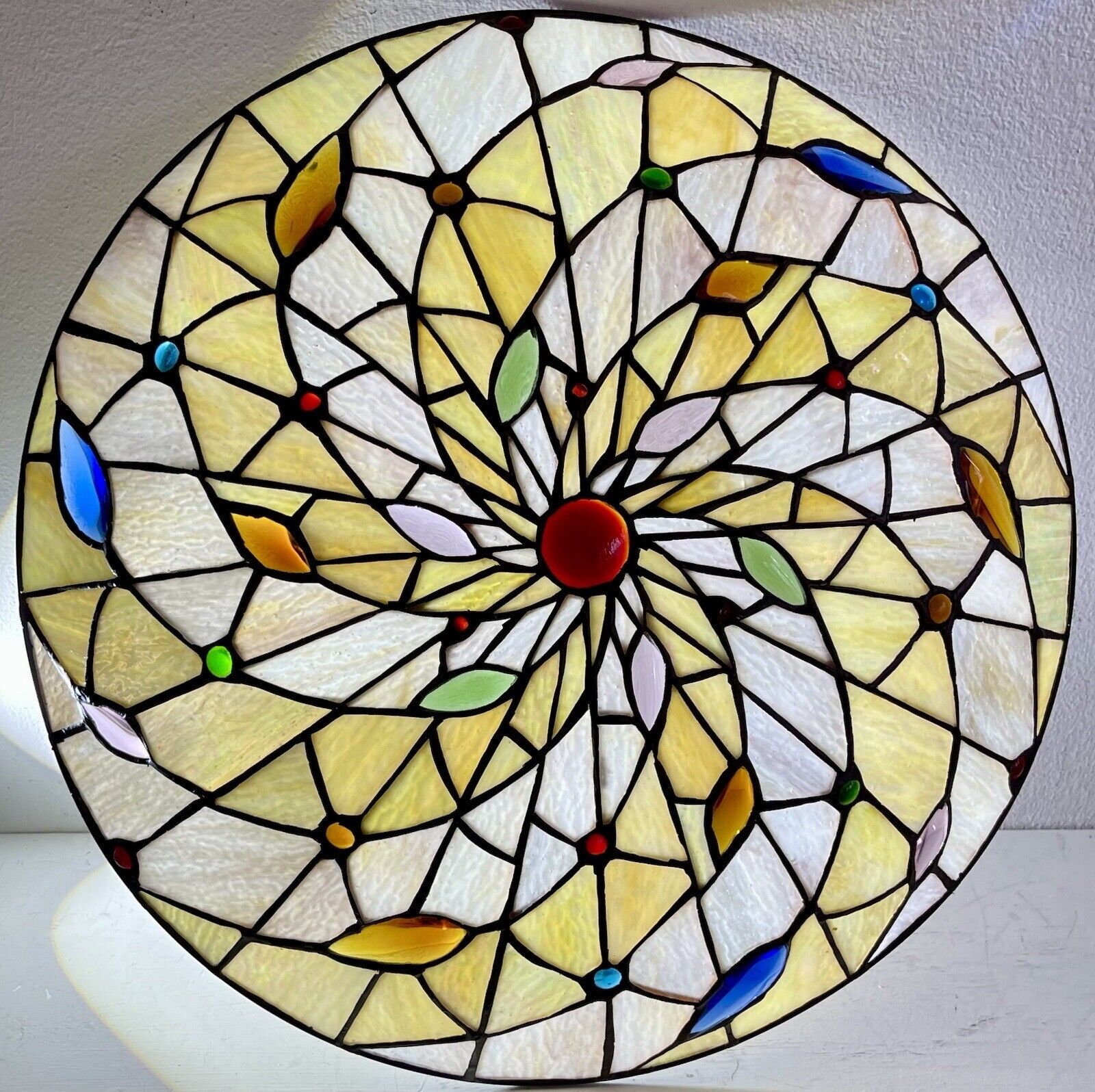 Stained Glass Lamp Shade 16”x3.5” Tiffany Style Slag Pinwheel Swirl Design EUC