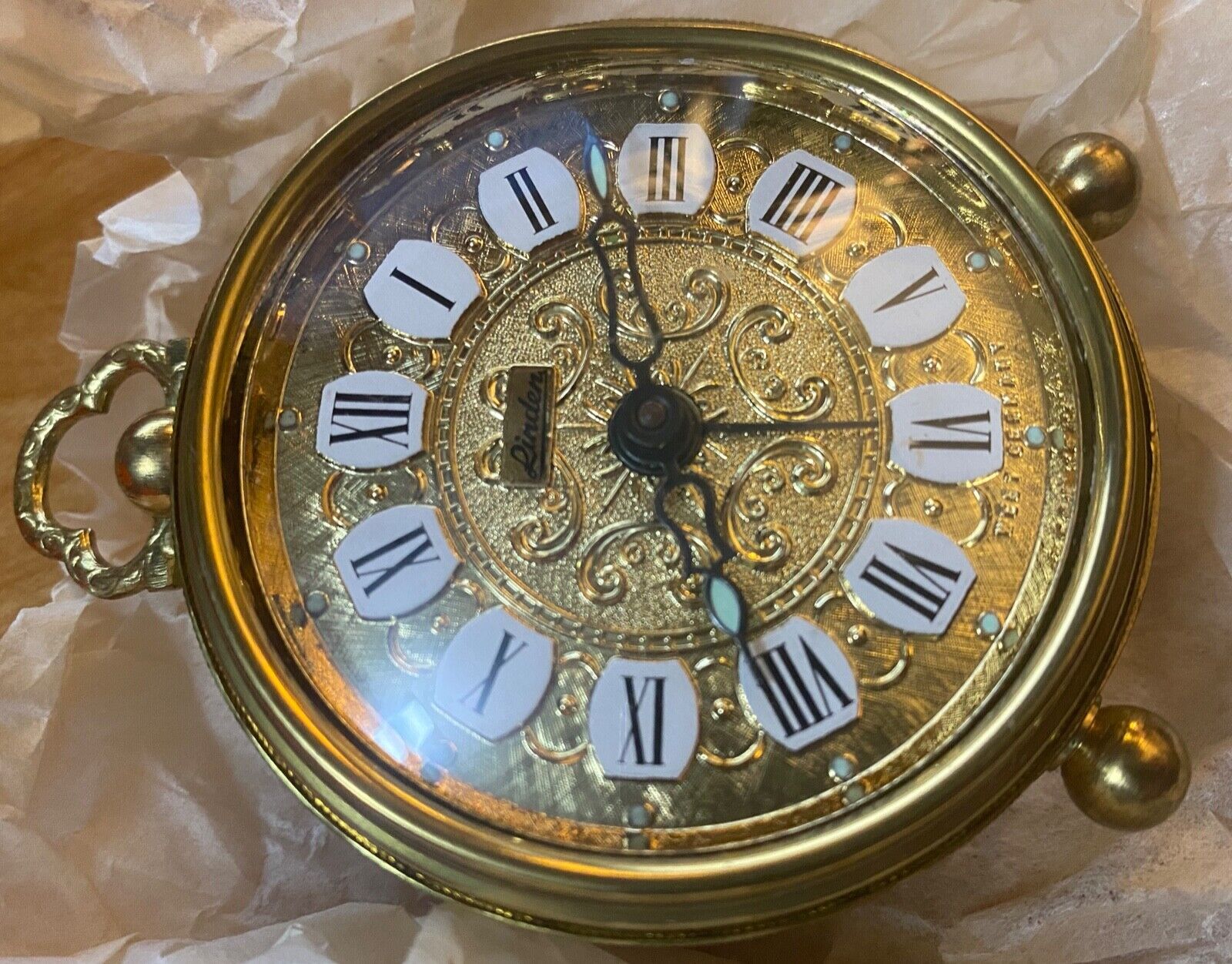 Vintage Linden Round Gold Filigree Alarm Clock West Germany Made Working CIB