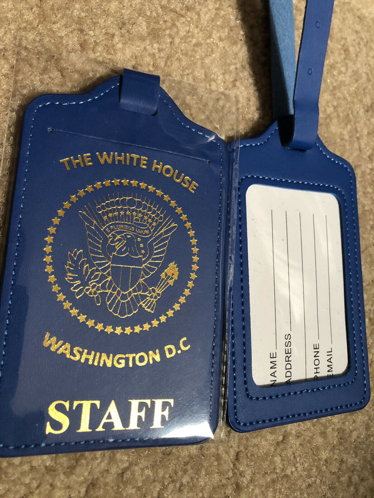 GOLD PRESIDENTIAL SEAL,BLUE WHITE HOUSE STAFF LUGGAGE TAG (SET OF THREE TAGS)