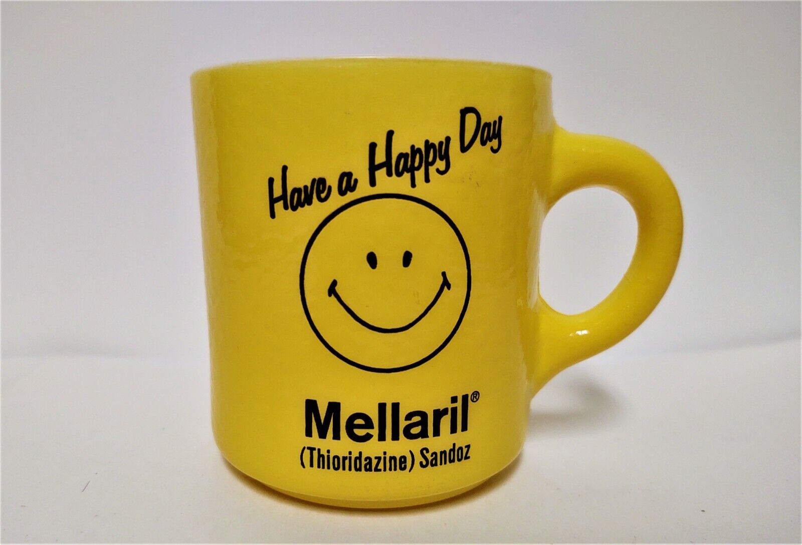 Vintage Yellow Painted Milk Glass Mellaril Anti-Depressant Happy Face Coffee Cup