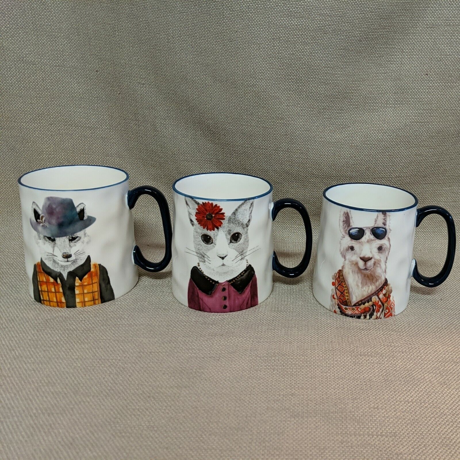Three Signature Housewares Mugs - Fox, Cat, Llama - NEW
