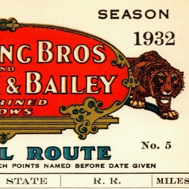 Scarce 1932 Ringling Bros. B&B Circus Route Card Utica Binghamton Elmira Olean