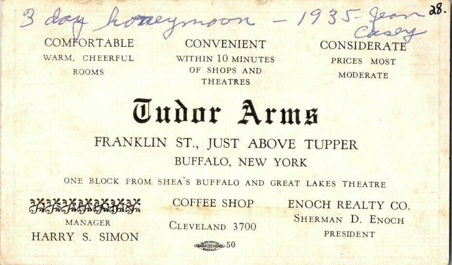 Vintage Business Card Tudor Arms Bar Lounge Buffalo New York Map Allied Printing