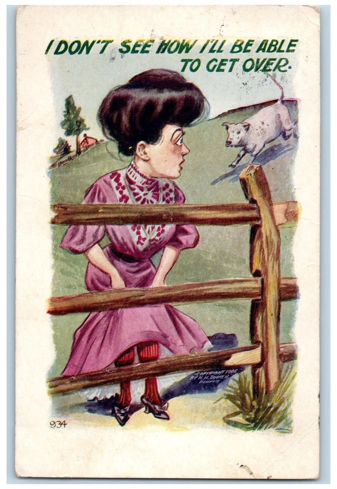 Creston Greenfield Iowa Postcard Cow Chasing Woman Artist Signed Embossed 1907