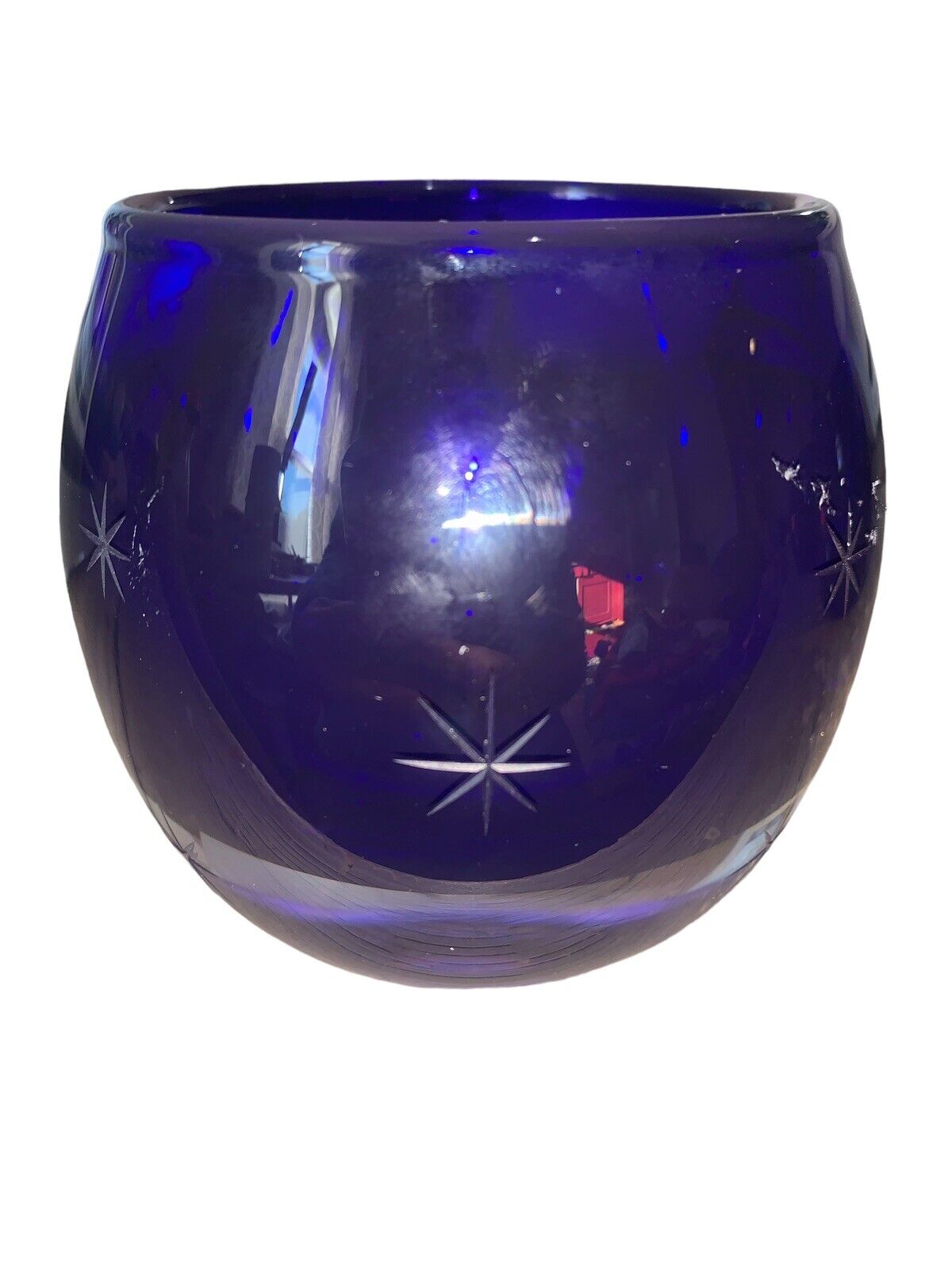 Vintage Heavy Cobalt Blue Etched Stars Art Glass Votive Candle Holder