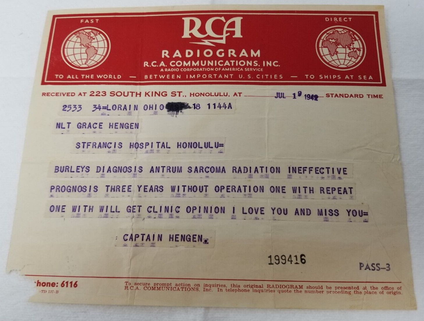 WW2 1942 RCA Radiogram Honolulu Hawaii St. Francis Army Medical Diagnosis
