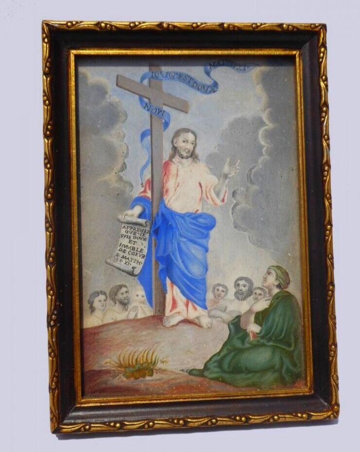 Antique Icon Painting Jesus Christ Religious Saint Mathieu Gouache Rare Old 18th