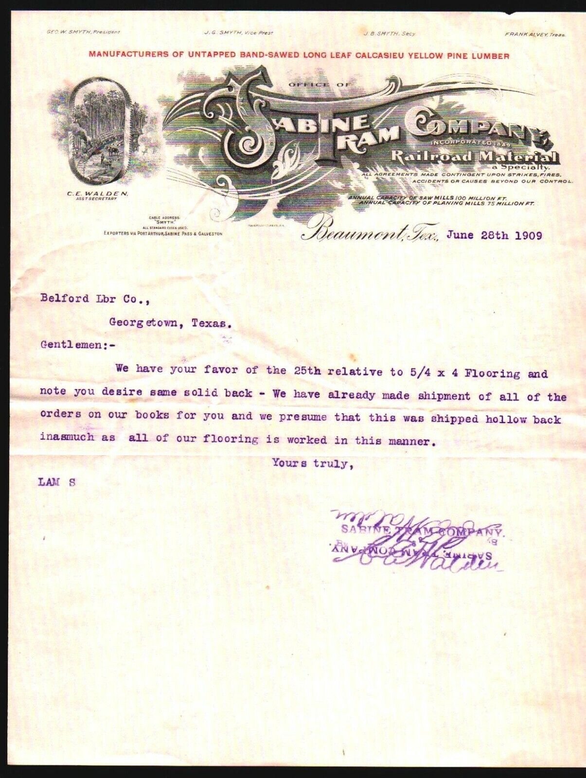 1909 Beaumont Tx - Sabine Tram Company - Railroad Material - Letter Head Bill