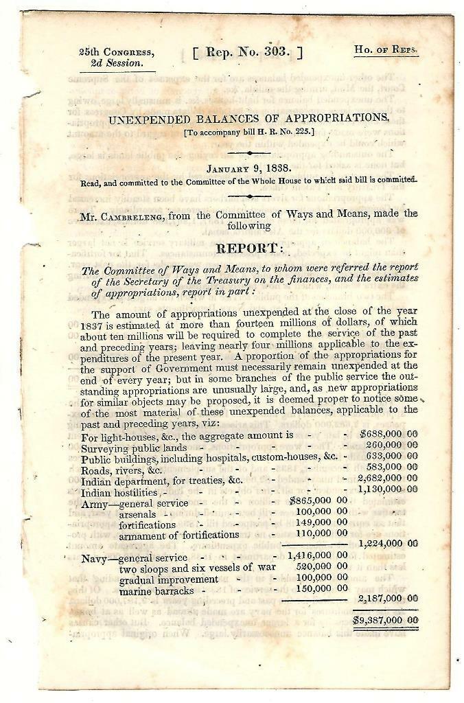 1838 Comte. Ways & Means:  Unexpended Balances Of Appropriations 1837