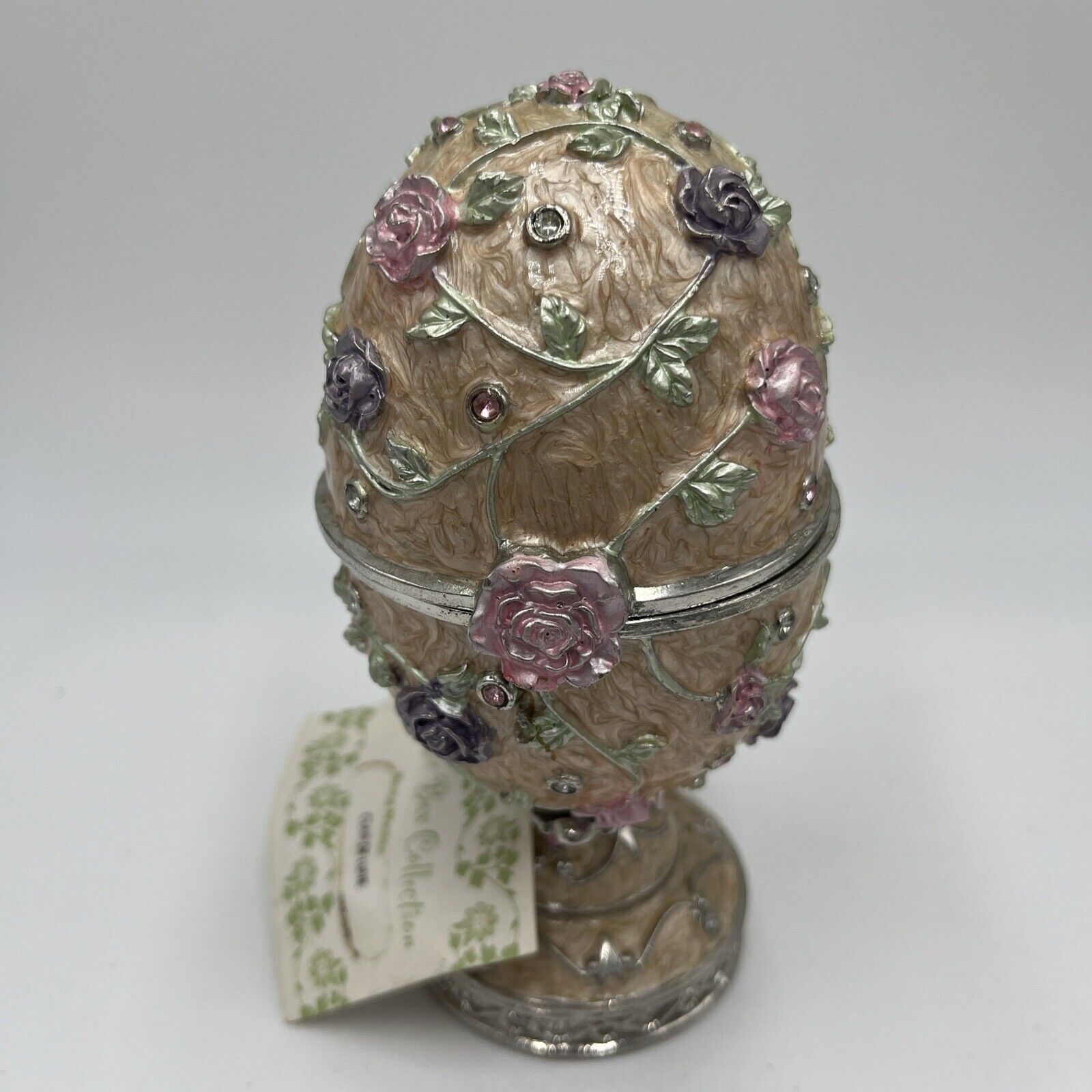 Elegant Jeweled Egg. Music Box “Claire De Lune”. 6.5”Tall. Floral. Bouquet. 