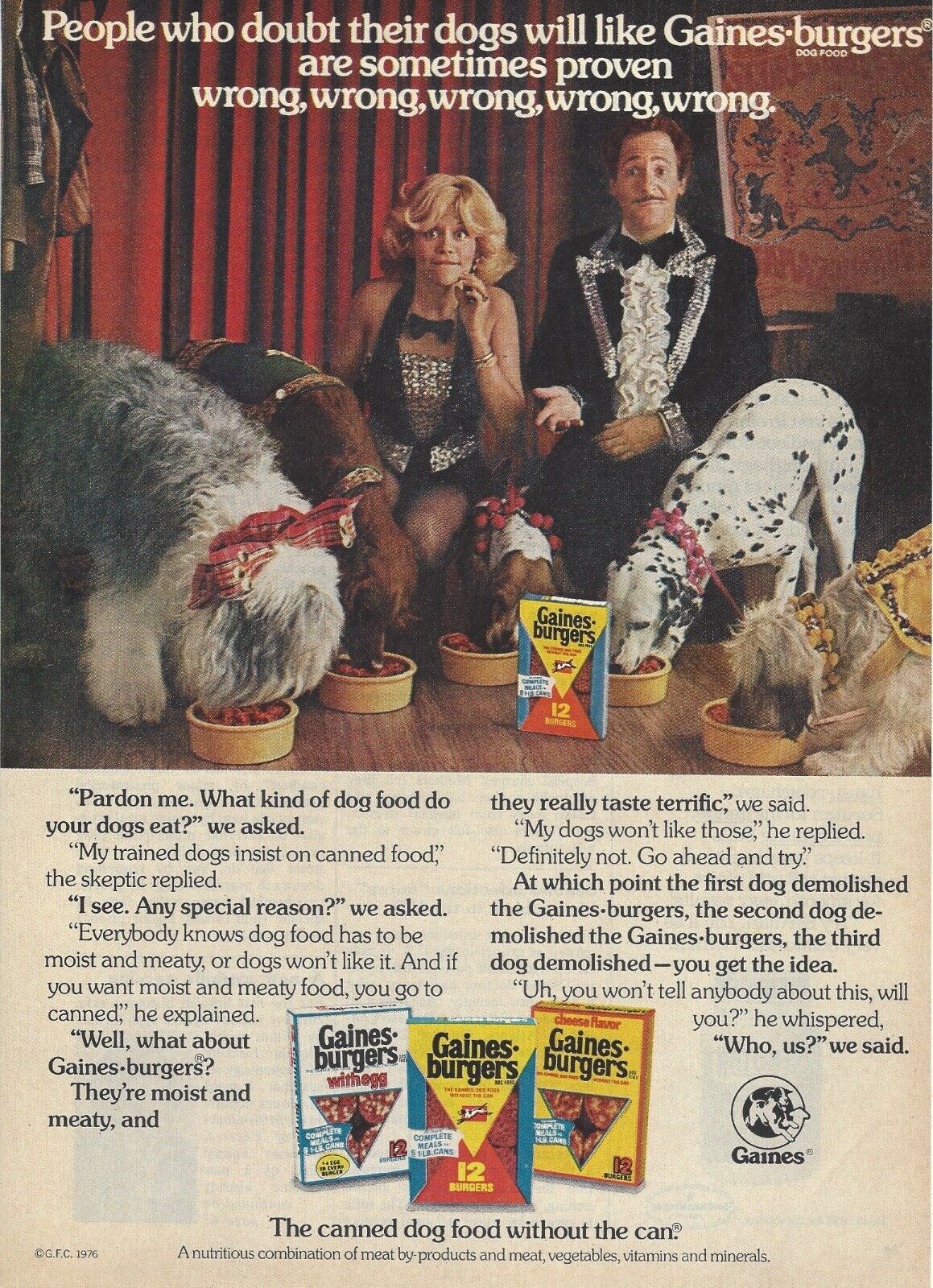 1976 Gaines Burgers Dog Food Pet Skeptics vintage Print Ad 70\'s Advertisement