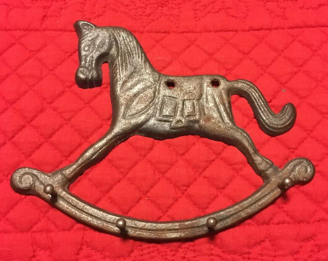 Vintage Cast Iron Wall Mount Rocking Horse Key Holder 4 Pegs