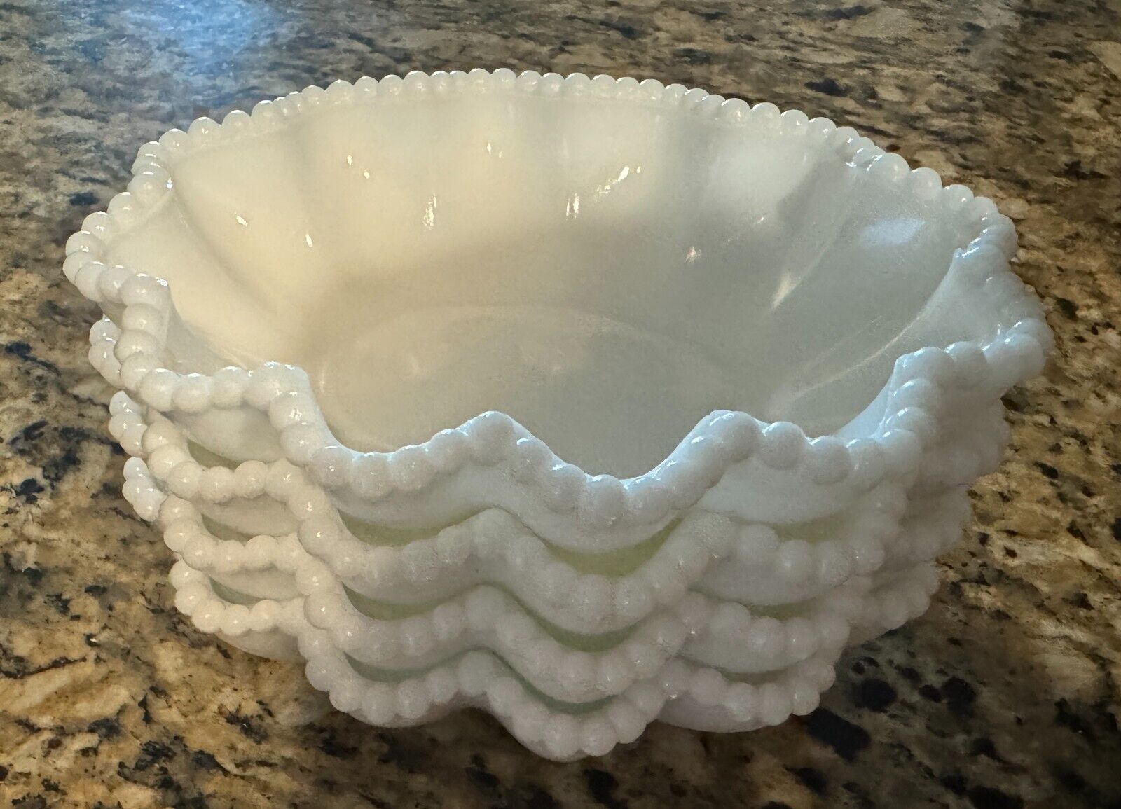 4 Vintage Westmoreland Milk Glass Scalloped Beaded Ruffle Bowl 6.25 in Candy Dis