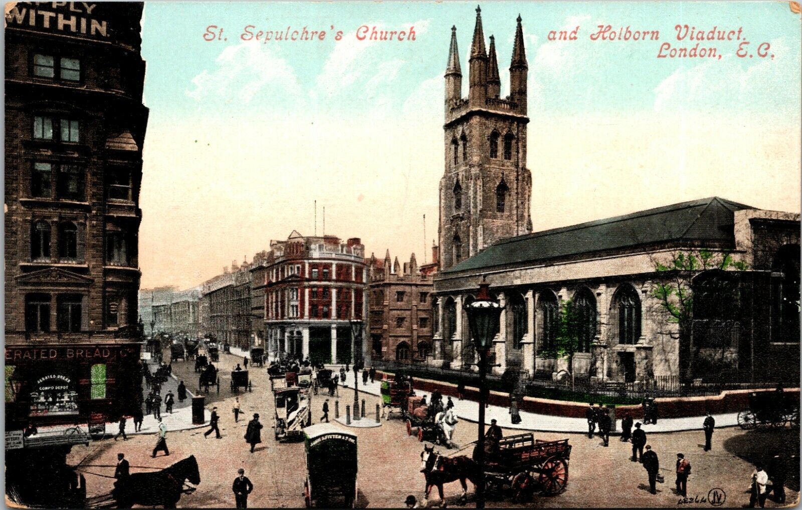 London,U.K.St. Sepulchre\'s Church & Holborn Viaduct,Horse Drawn Wagons,c.1909
