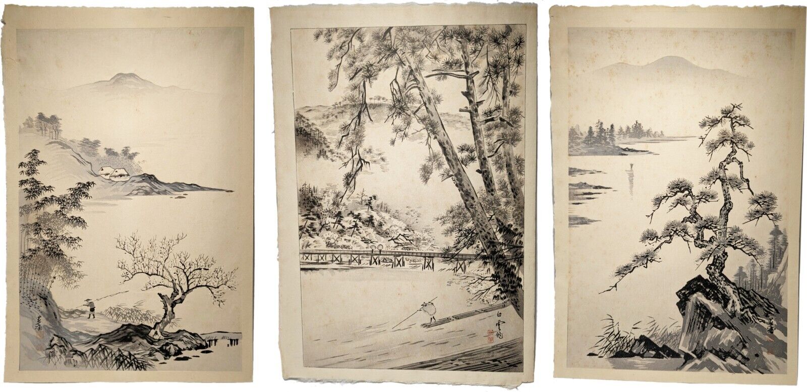 IMOTO TEKIHO Japanese woodblock prints lot of 3 tanned paper foxing spots
