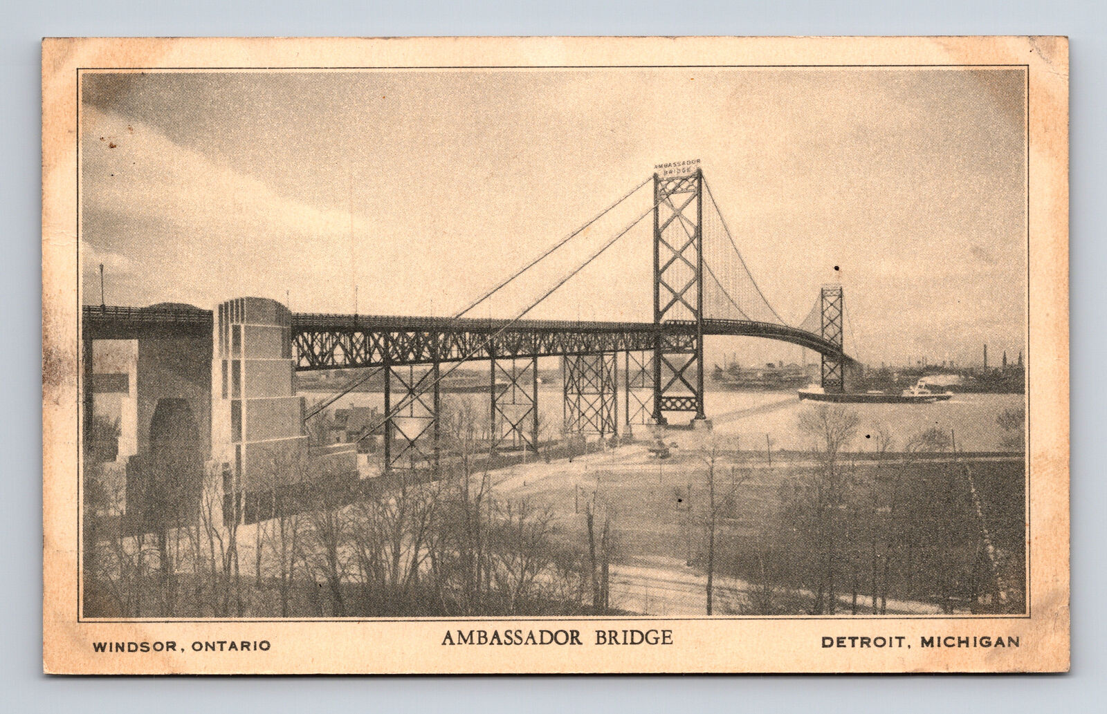 Ambassador Bridge Longest Suspension Bridge Windsor ON to Detroit MI Postcard