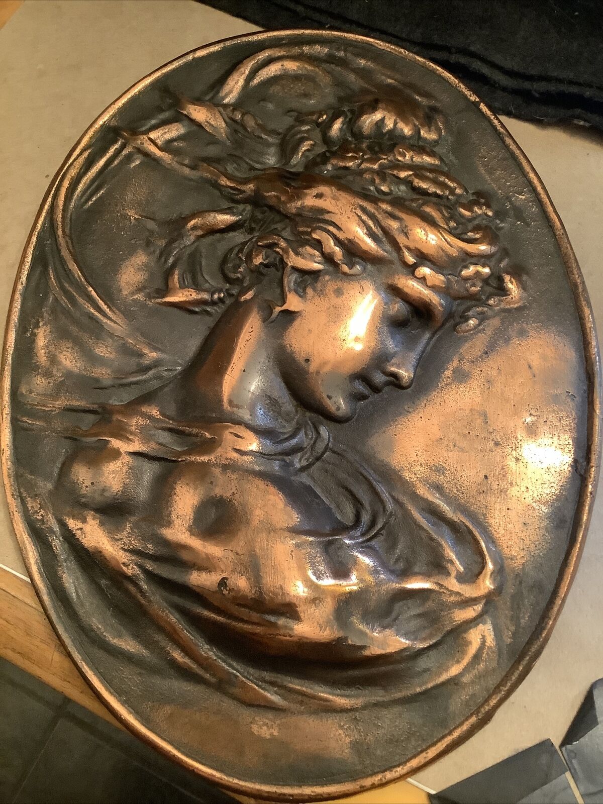 Vintage Cast Iron Relief Beautiful Woman Art Nouveau Plaque Copper Wash Finish