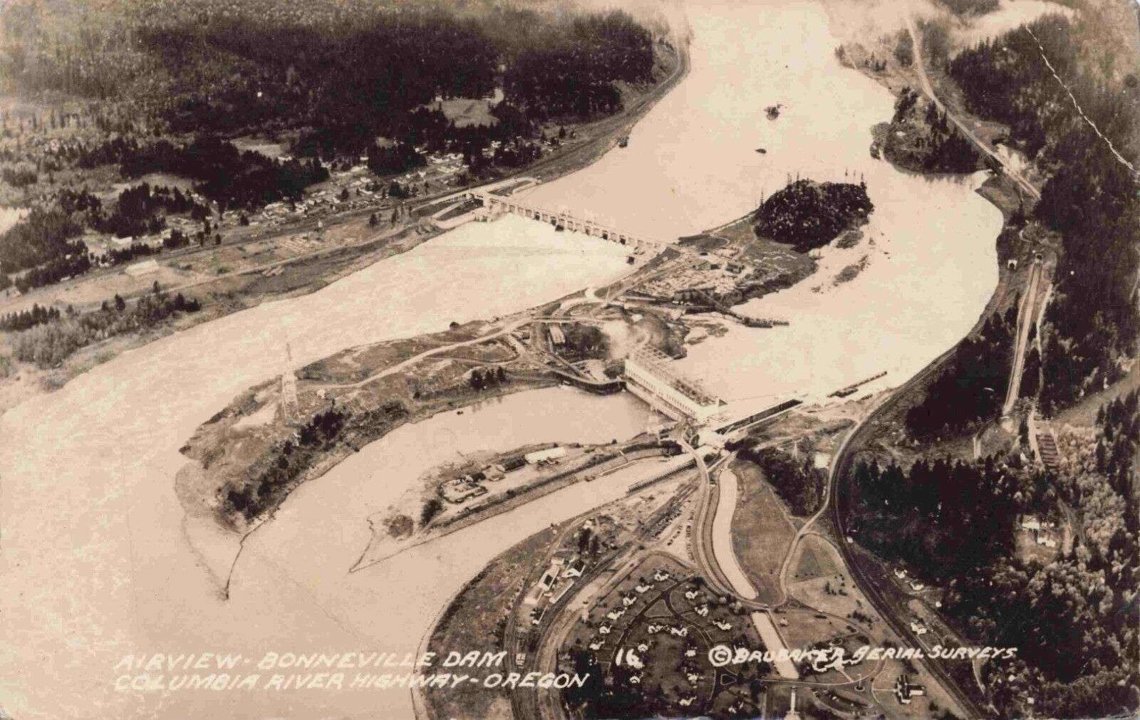 RPPC Aerial View Bonneville Dam Oregon Brubaker Surveys Real Photo OR Postcard