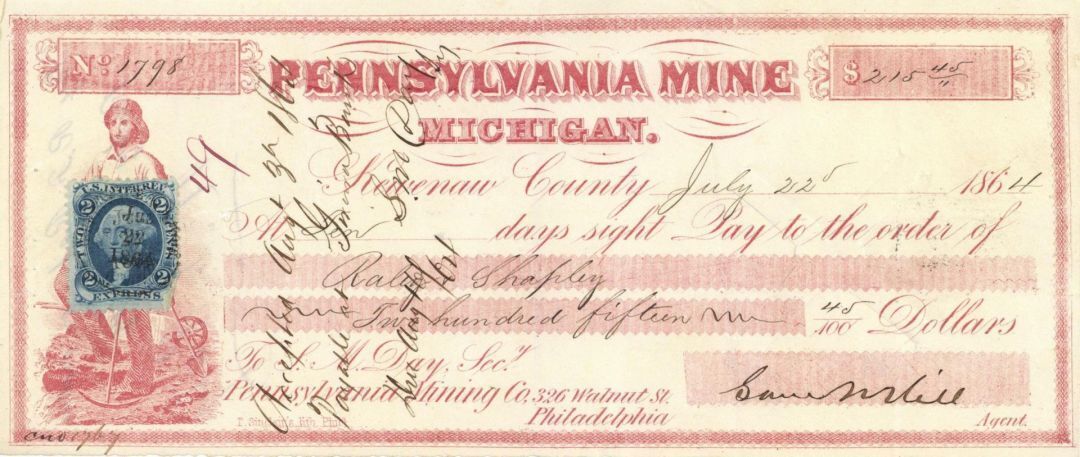 Sam Hill signed Pennsylvania Mine - 1864 dated Revenue Check - Kewenaw County, M