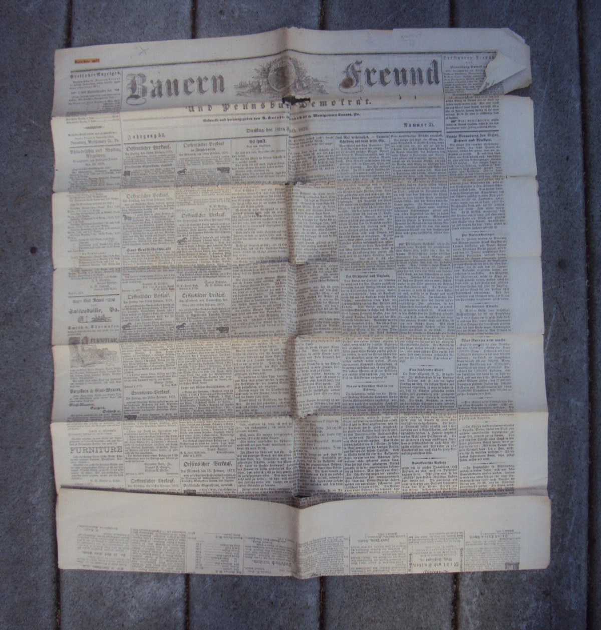 Bauern Freund Pennsburg PA German Language  Deinstag Feb 18 1879 Vol 53 No 35 D