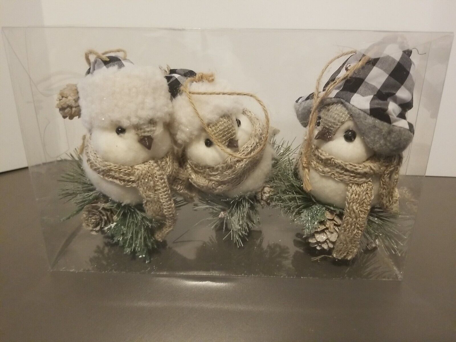 NEW 2022 Winter small bird ornaments set of 3 glitter pinecones black gray hats