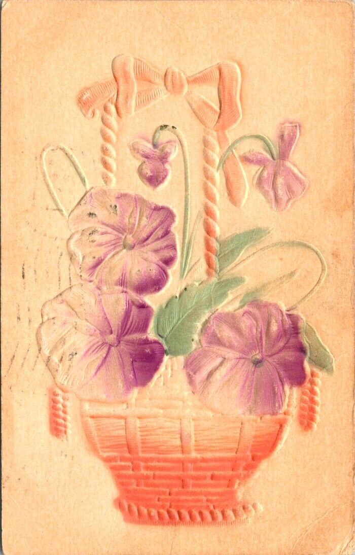 vintage postcard - basket of flowers heavily embossed posted 1908