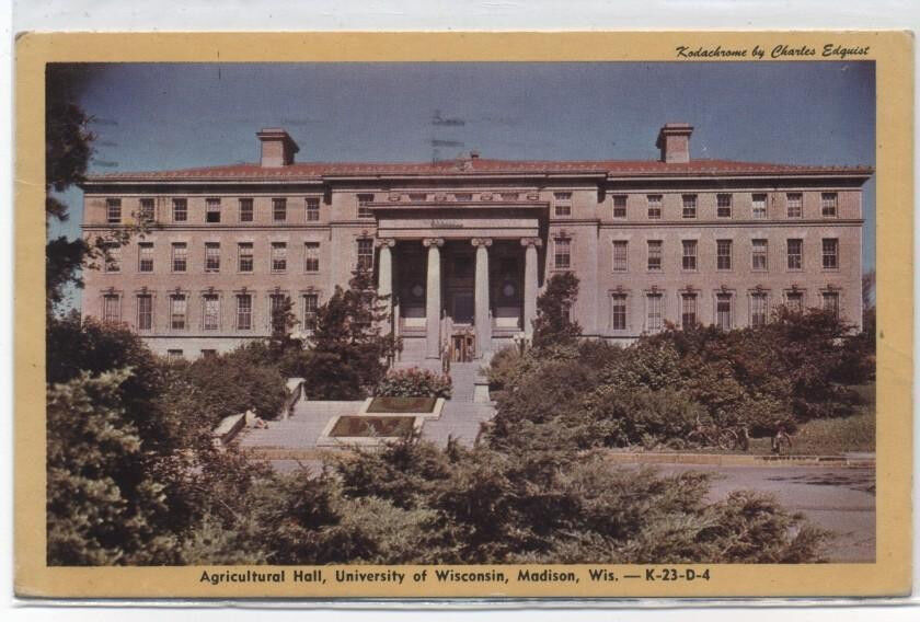 AGRICULTURAL HALL~UNIVERSITY OF WISCONSIN~MADISON~1950 POSTCARD abc