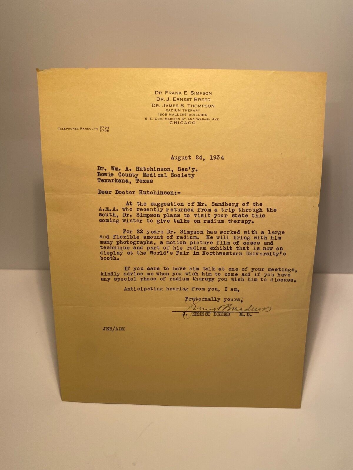 Dr. J. Ernest Breed 1934 Letter Radium Therapy Radiation Treatment Texarkana Tx