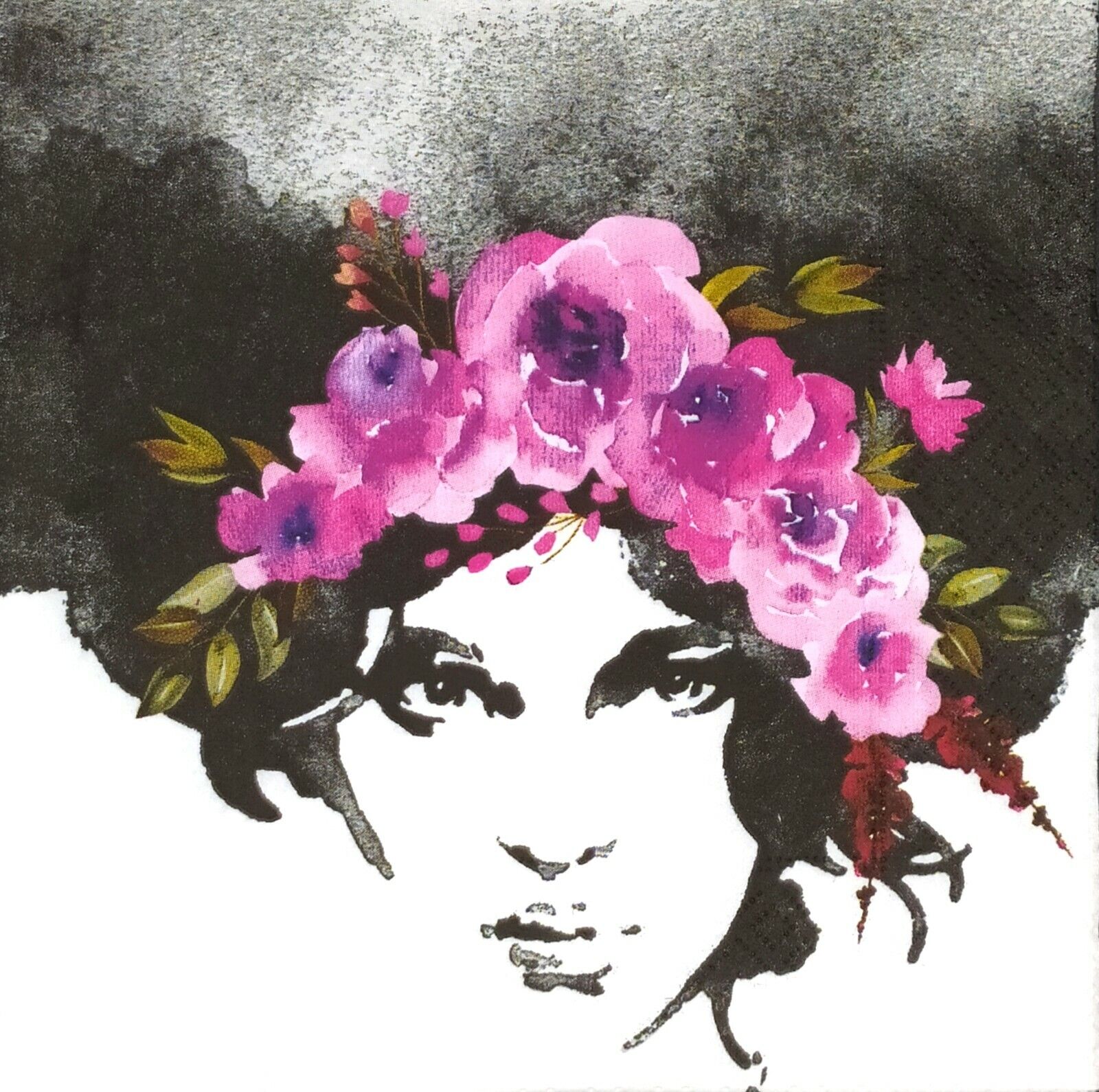 P056# 3x Single Paper Napkins Decoupage Black Hair Woman Girl Lady Flower Wreath