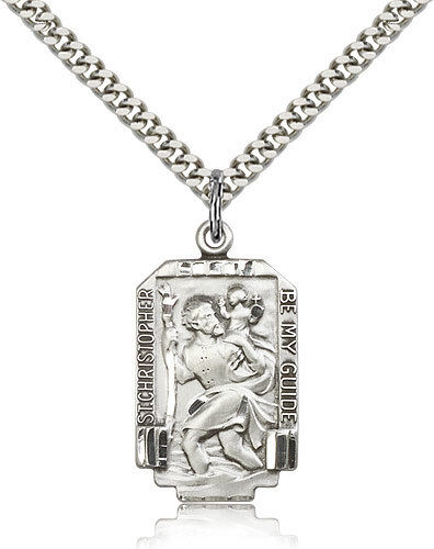 Men's Sterling Silver Saint Christopher Medal 1 x 5/8 Pendant Necklace 24 Chain