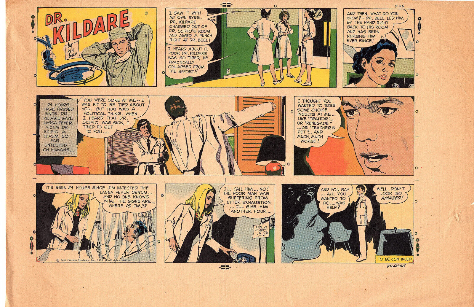 Dr. Kildare 1960s comic strip original printer proofsheet Ken Bald art Near Mint