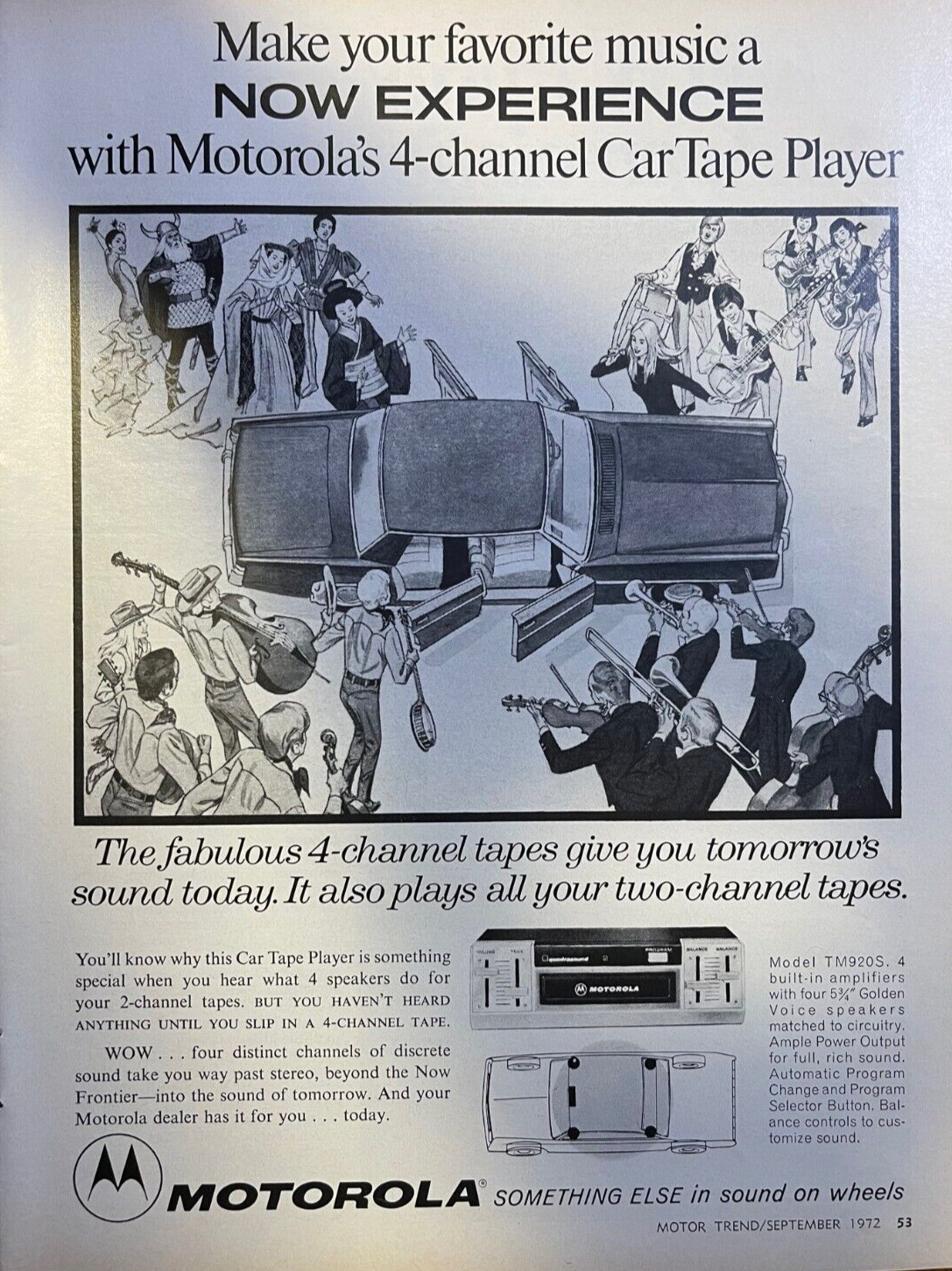 1972 Vintage Magazine Advertisement Motorola 4-Channel Tapes Car Stereo