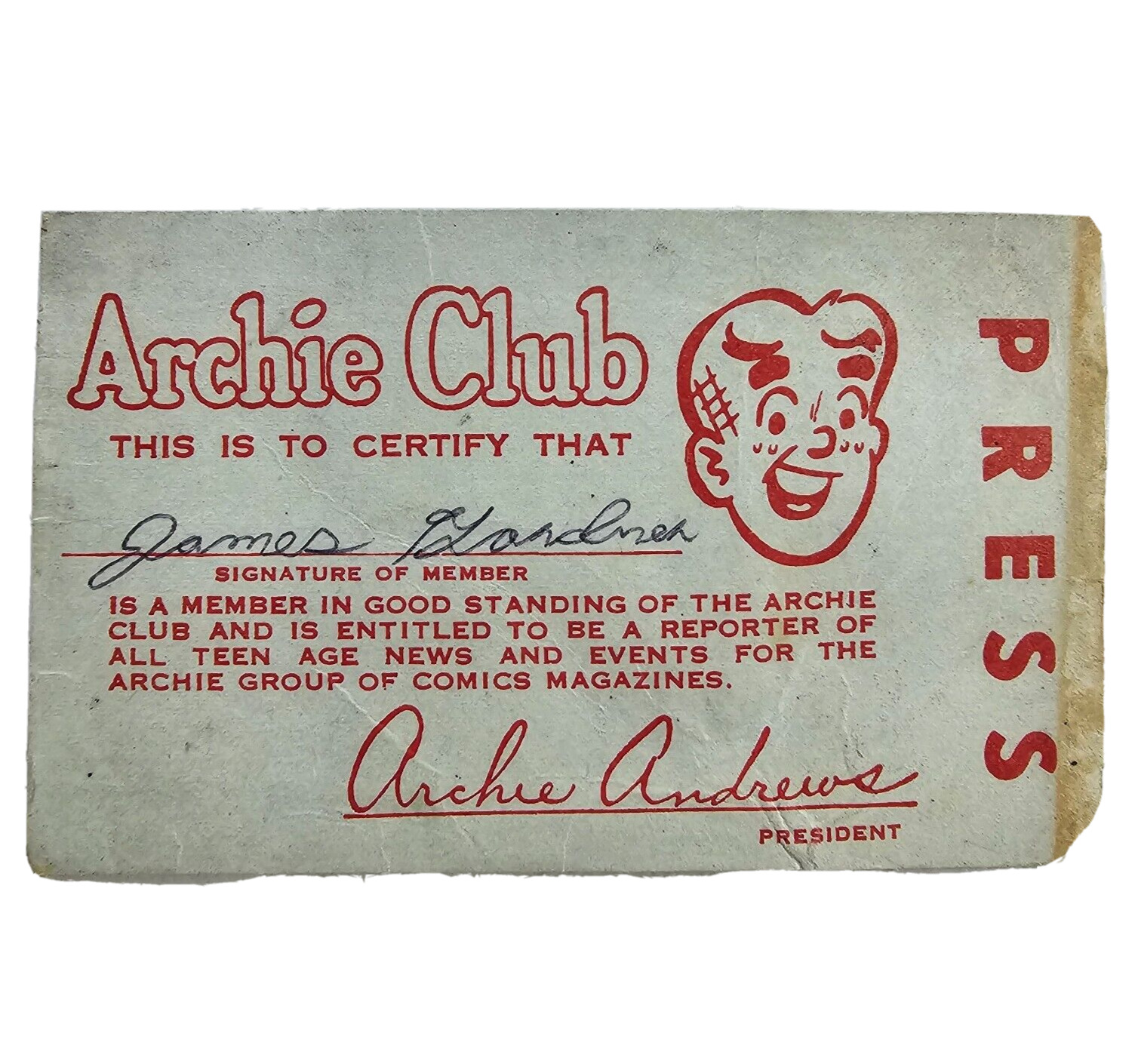 Vintage Archie Fan Club Card Press 1970\'s 1980\'s