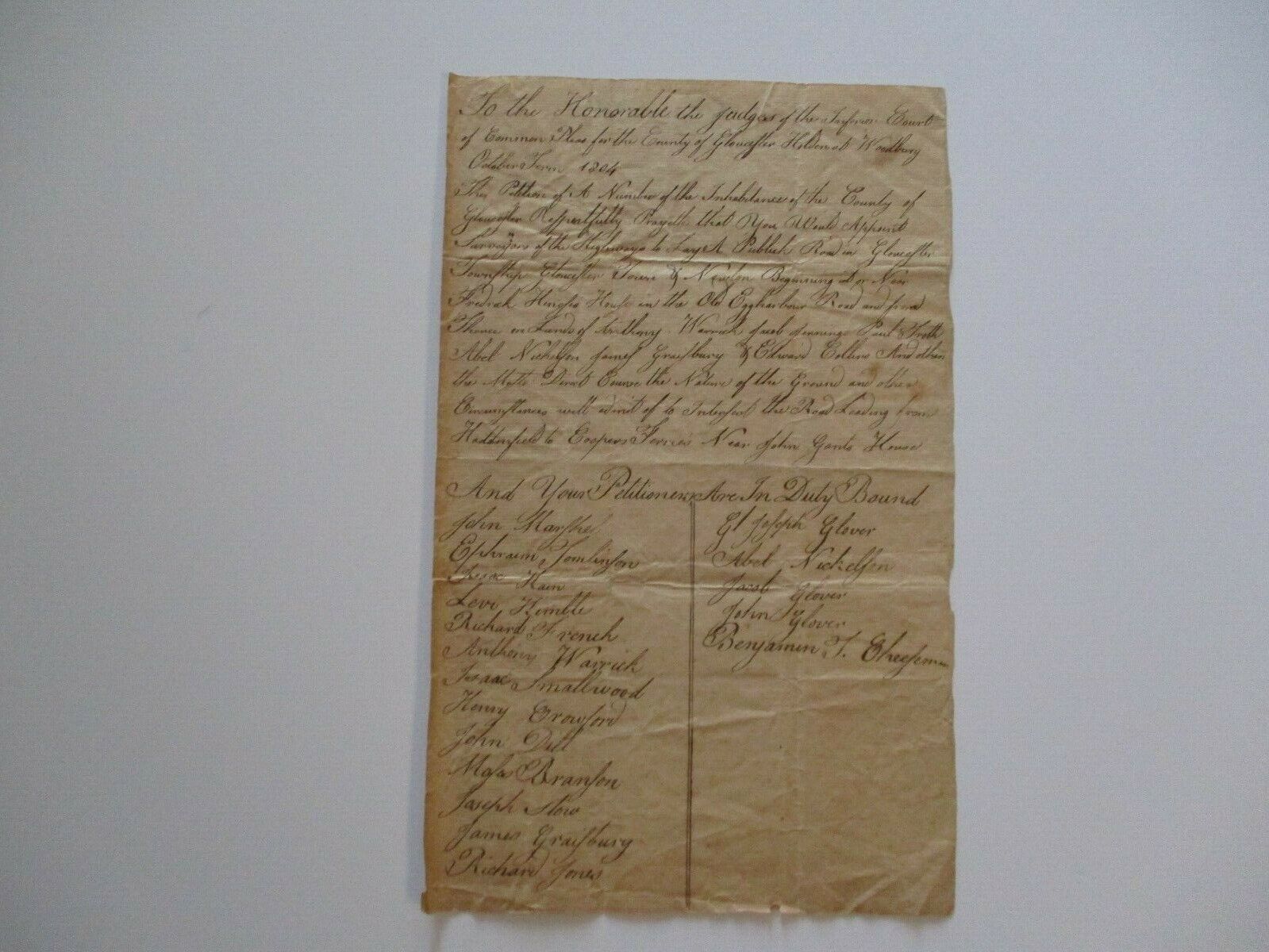 ANTIQUE EARLY AMERICAN DOCUMENT GLOUCESTER COUNTY 1804 PETITIONERS RARE OLD