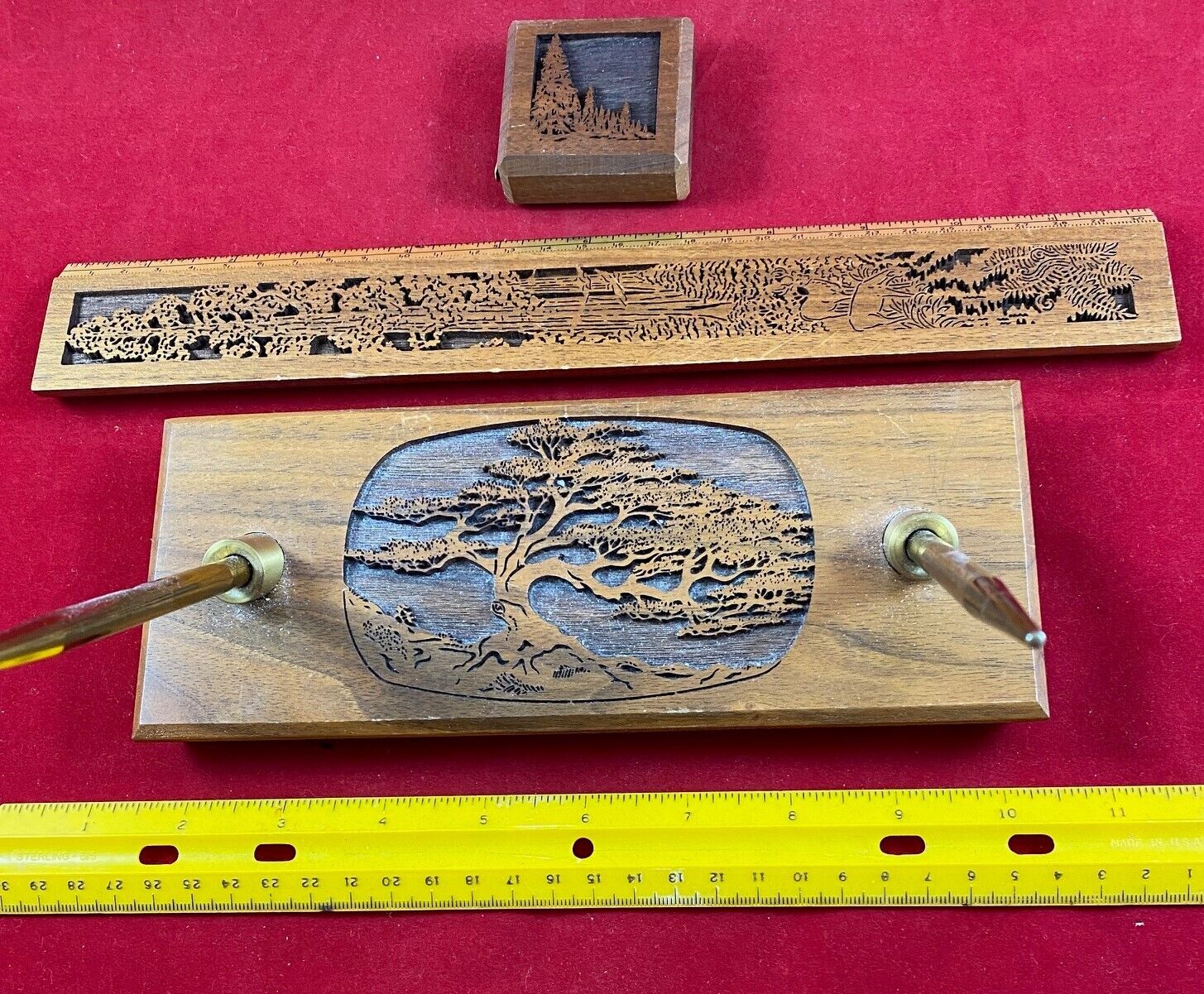 Vintage Walnut Desk Accessories, Lasercraft, Pens/Ruler/Tape, USA, Pre-Owned