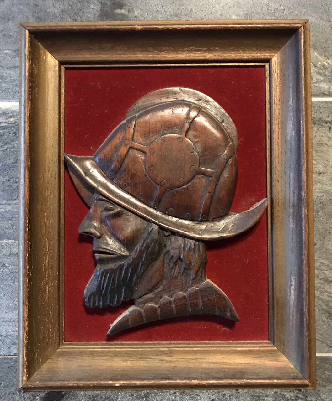 Unmarked Vtg  WITCO Wooden Carved Conquistador Framed Wall Art Red Velveteen USA