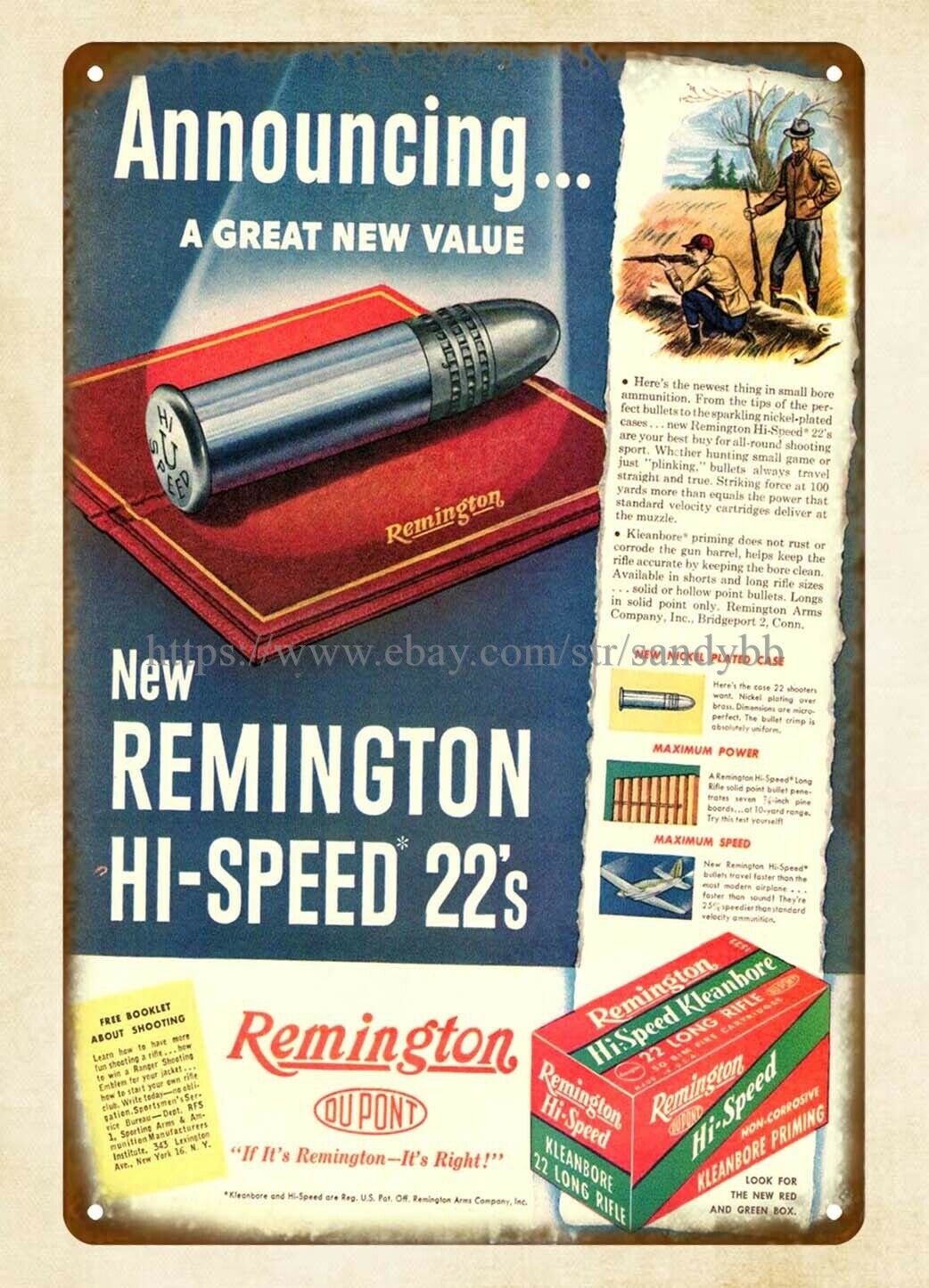 1947 Remington High Speed .22 Rifle Ammo Hunting metal tin sign exterior metal