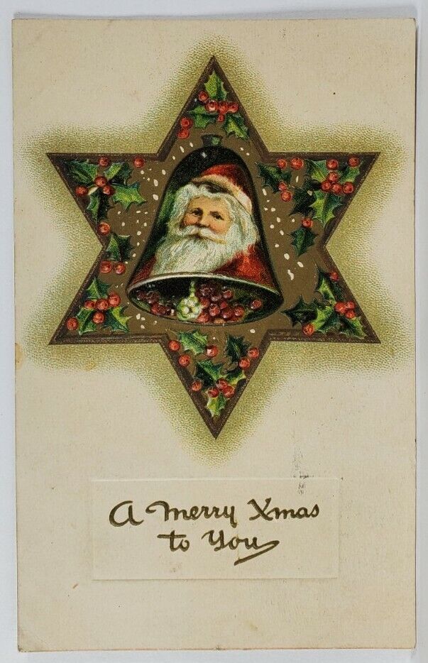Christmas Greetings Santa in A Star 1910 to Mt Sterling OH Emboss Postcard R15