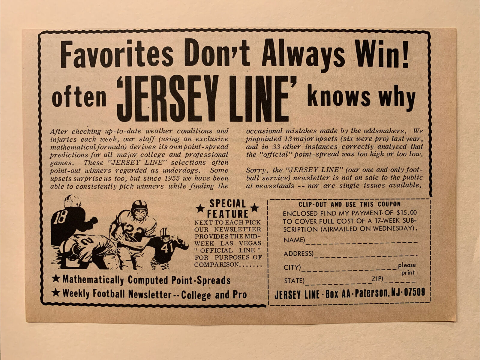 Jersey Line Sports Betting Paterson NJ 1968 S&S Football Pictorial CO 7X5 Ad