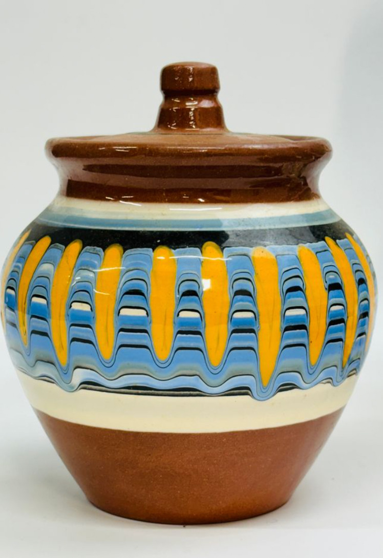 Glazed Russian Terracotta Clay Jar w Lid, Signed,