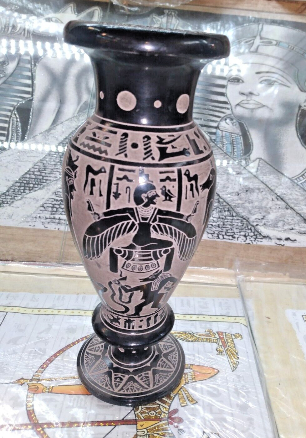 Ancient Vase (Amphora) With Hand Carved Figures of God Horus& Jackal Anubis 20cm