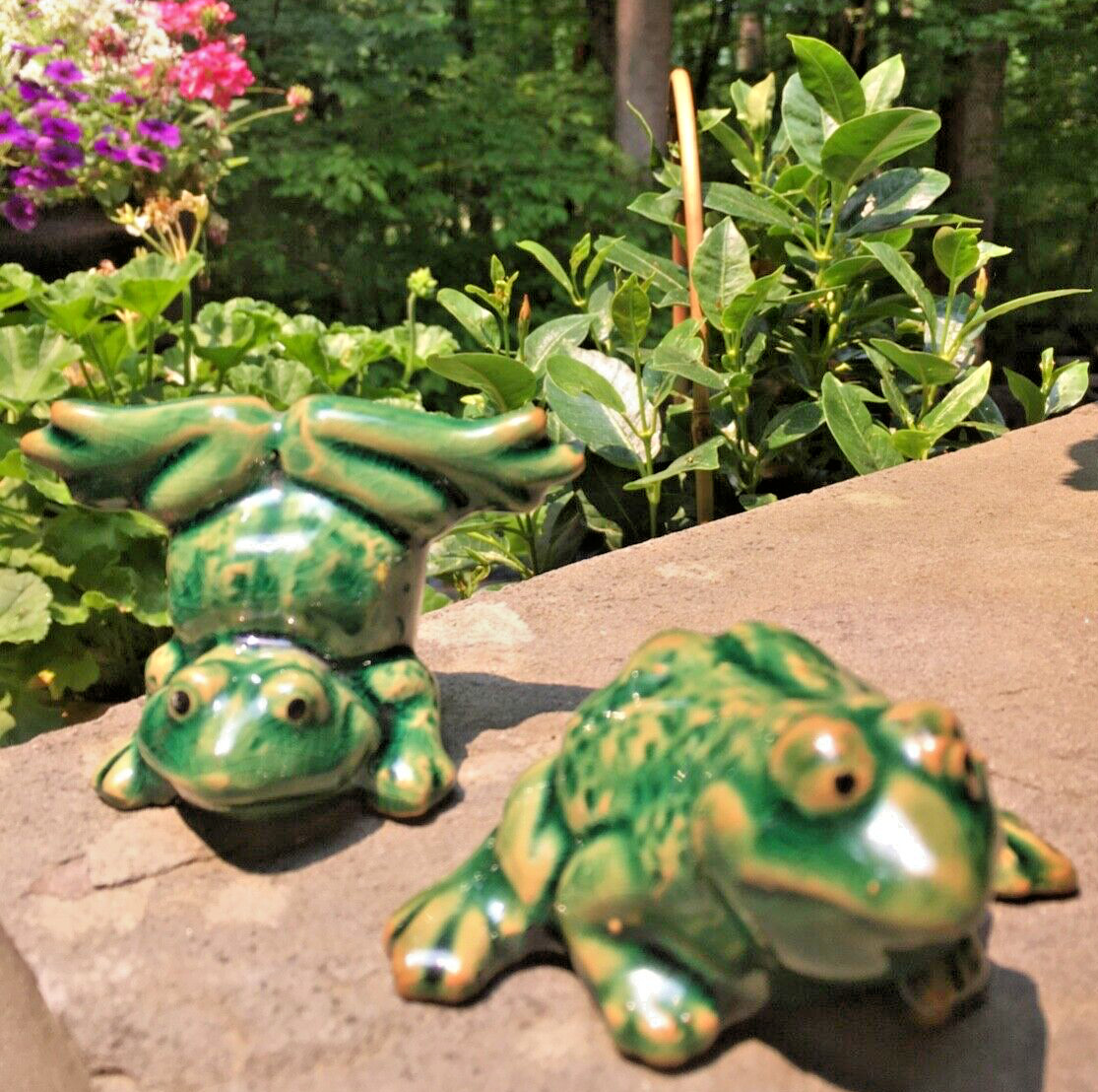 Vintage Two Green Glazed Ceramic Frog Figurines