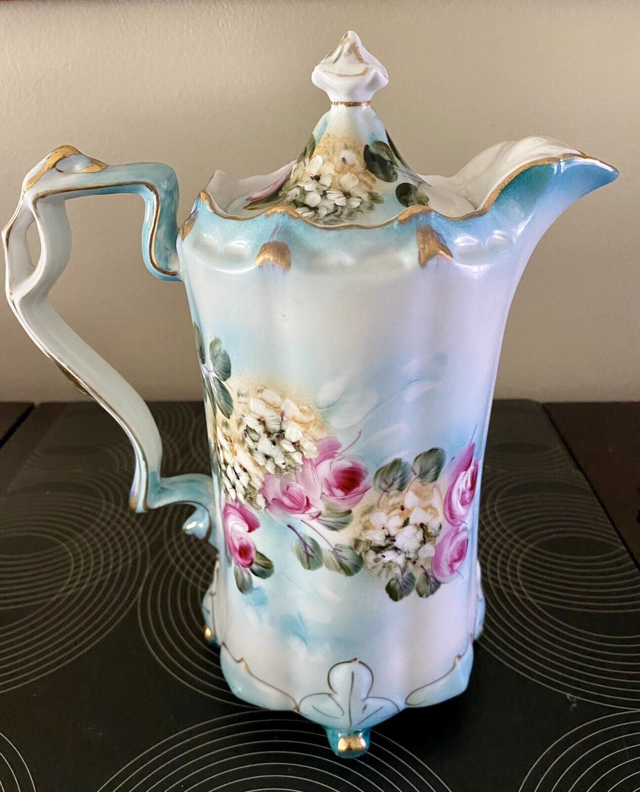 Vintage  Rose Design  Teal & Pink  Chocolate Pot Teapot 