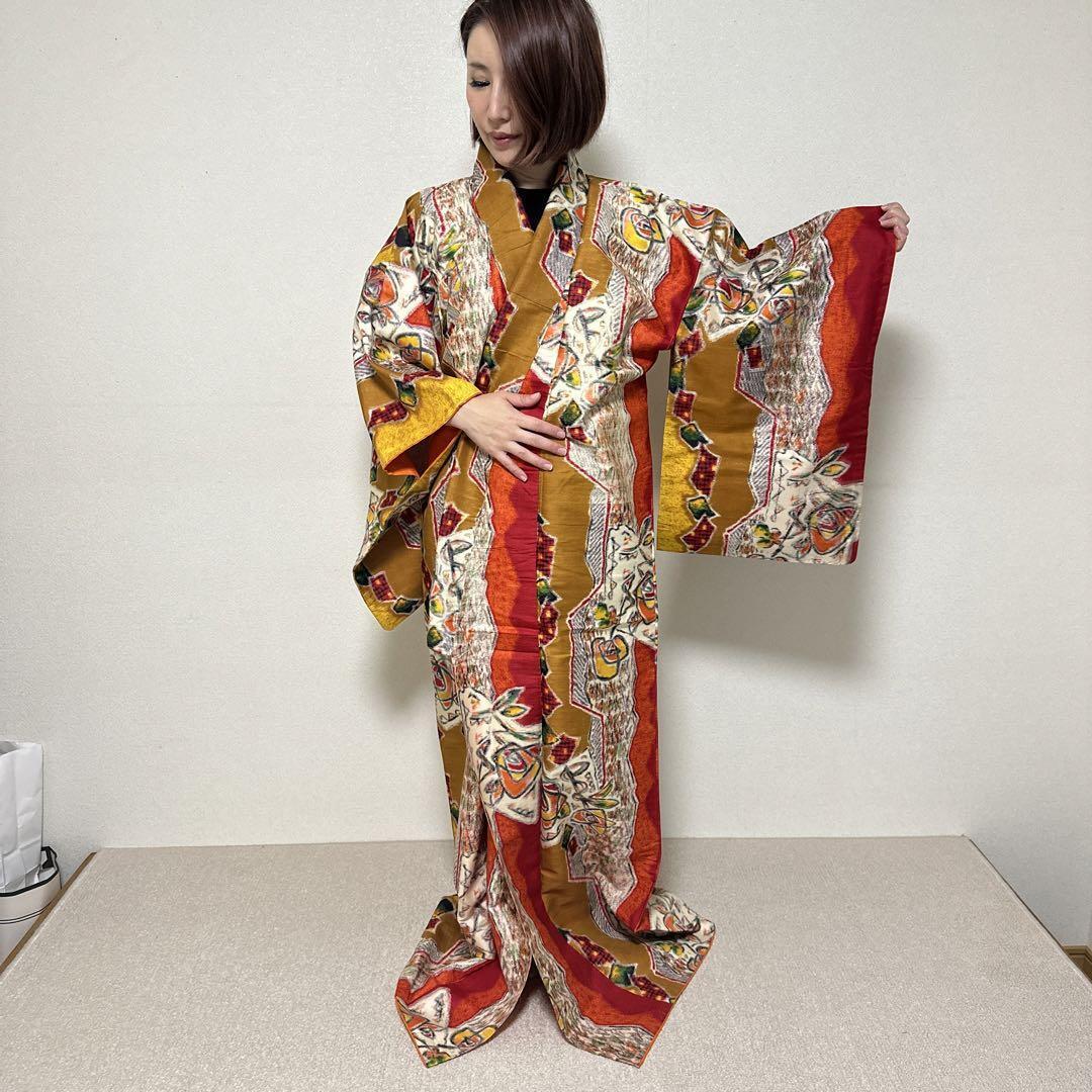 Hard To Obtain   Meisen Pure Silk Retro Kimono Vintage Multicolor Unusual Patter