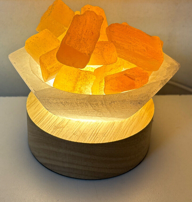 Selenite Crystal Bowl Fire Lamp, White & Orange Selenite Satin Spare Gypsum Lamp