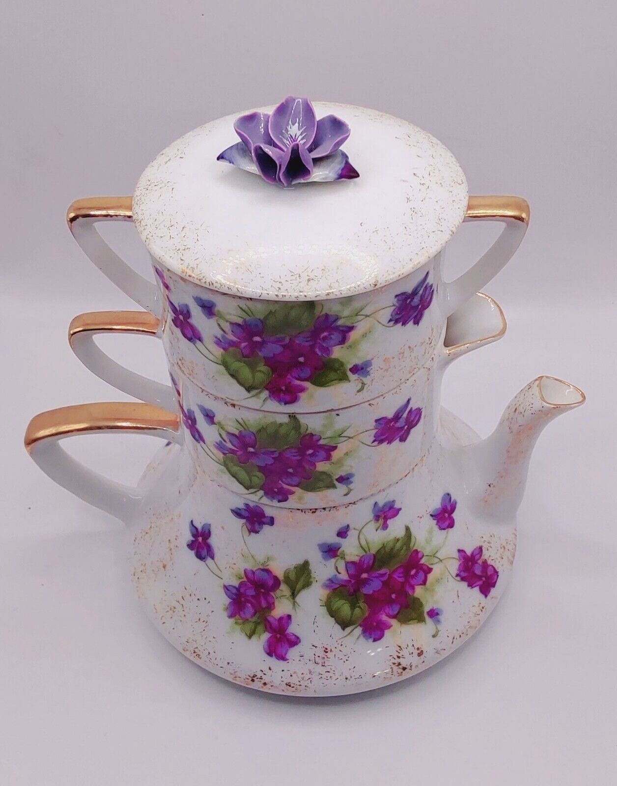 Stacking Lefton Teapot Set Hand Painted Sweet Violets Vtg 1960